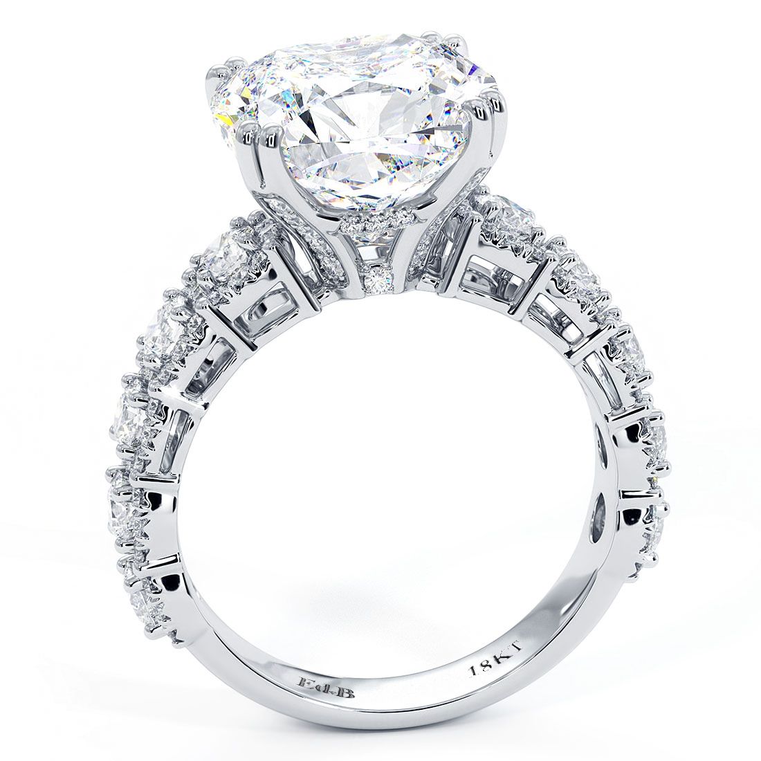 Profile shot of cushion cut halo diamond engagement ring setting in luxurious 18k white gold. Micropavé side diamonds (1.25ctw, G/SI1) extend across the band. Crafted for a 5.0ct cushion center stone (not included). Sold at Global Sky Diamonds, 44W 47th St Booth GF-10, NYC Diamond District. Browse globalskydiamond.com