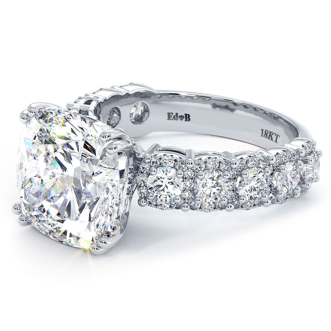 Close-up detail of cushion cut halo setting in 18k white gold with 1.25ctw of SI1 clarity G color micropavé diamonds. Center stone not included (fits 5.0ct cushion). Artisan craftsmanship from Global Sky Diamonds, 44W 47th St Booth GF-10, NYC Diamond District. Full collection at globalskydiamond.com
