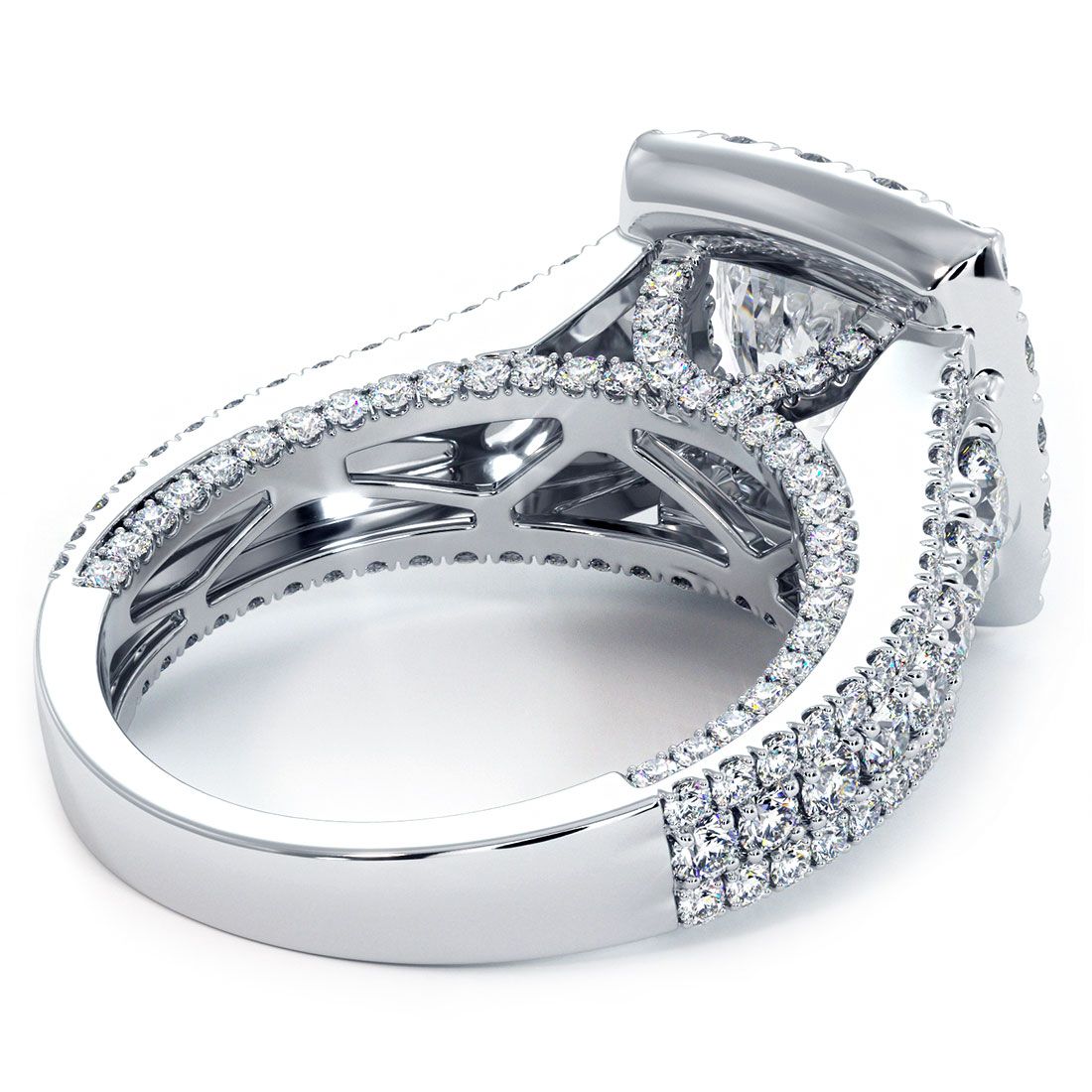 Micropavé diamond band detail of vintage-style cushion halo ring with graduated shank, G color SI1 clarity diamonds in 18k white gold, handcrafted in NYC’s Diamond District | Global Sky Diamonds | globalskydiamond.com