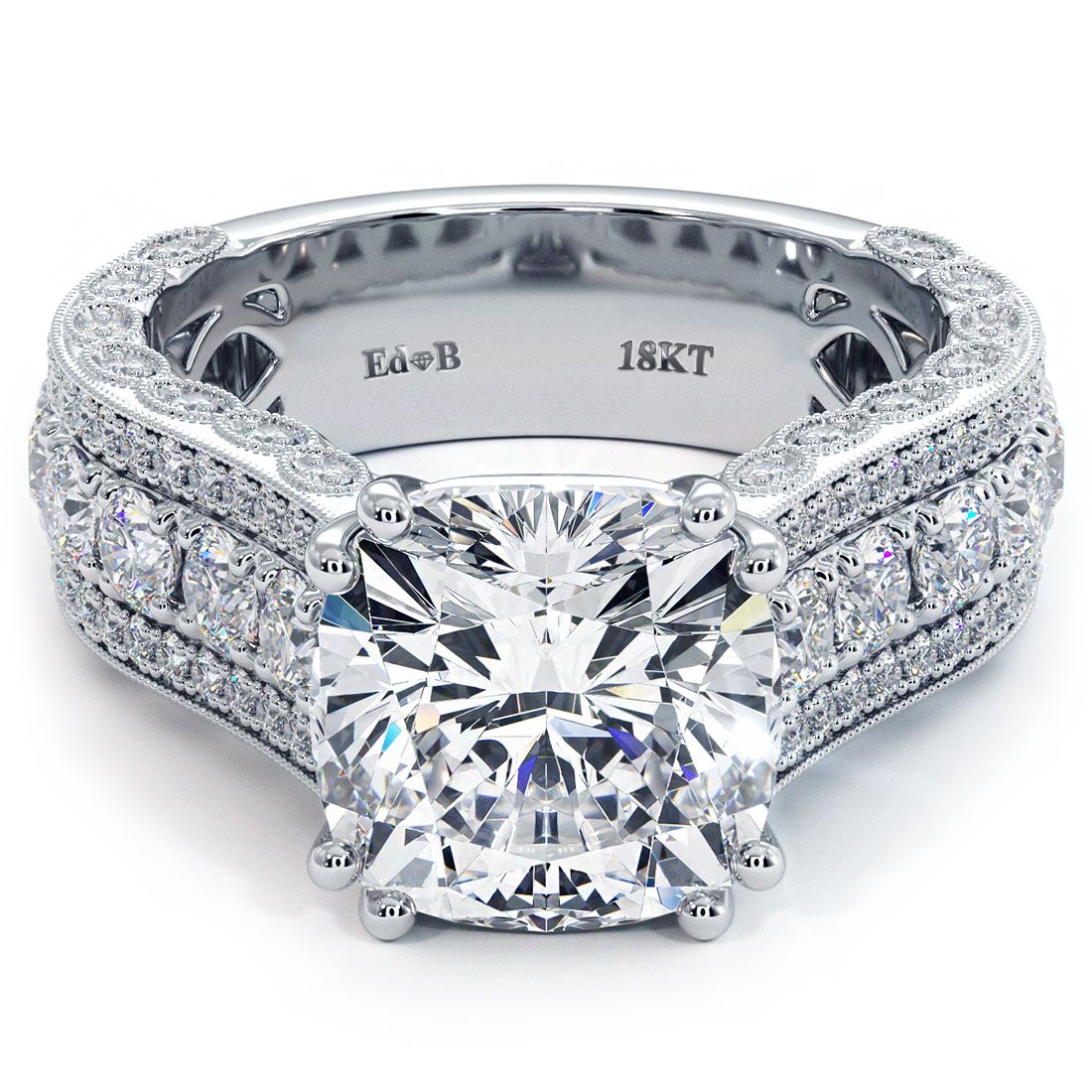 Cushion cut vintage style diamond engagement ring setting with intricate milgrain detailing and dual-row pave-set G color SI1 clarity round diamonds, 2.05 carat total weight, shown in polished 18K white gold by Global Sky Diamond in the NYC Diamond District at 44 W 47th St Booth GF-10. Visit www.globalskydiamond.com for luxury engagement rings.