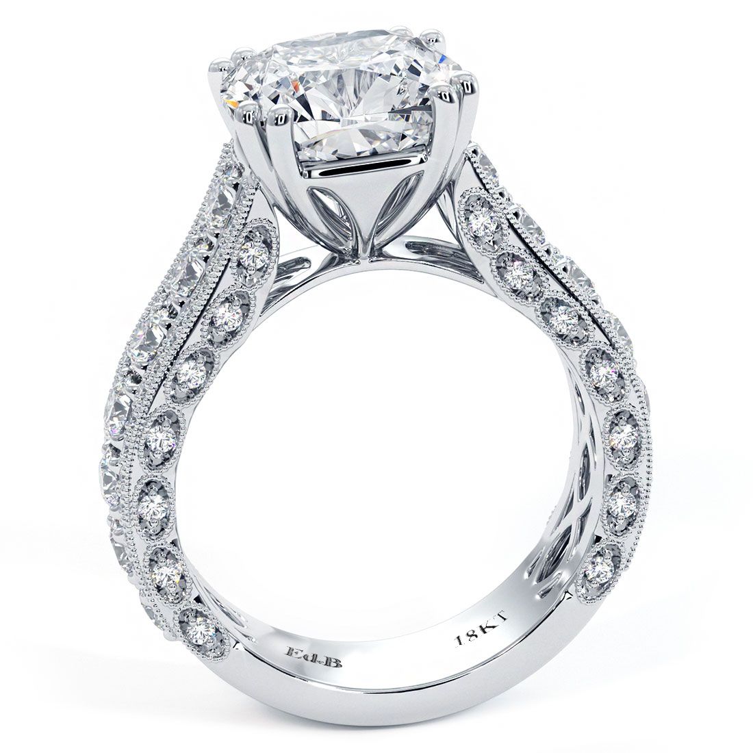Side view of vintage cushion cut diamond ring setting featuring ornate under-gallery and G color SI1 clarity accent diamonds in milgrain bezel and prong settings, handcrafted in 18K white gold. Premium design by Global Sky Diamond, 44 W 47th St Booth GF-10, Diamond District NYC. Discover timeless elegance at www.globalskydiamond.com.