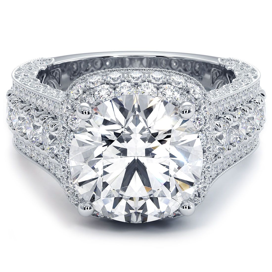 Front view of cushion halo vintage-style diamond engagement ring with micropavé graduated shank and round 3.50ct center setting in 18k white gold, handcrafted in the Diamond District NYC, 44 W 47th St Booth GF-10 by Global Sky Diamond — ideal for collectors and engagement, SI1 G-color side stones, globalskydiamond.com