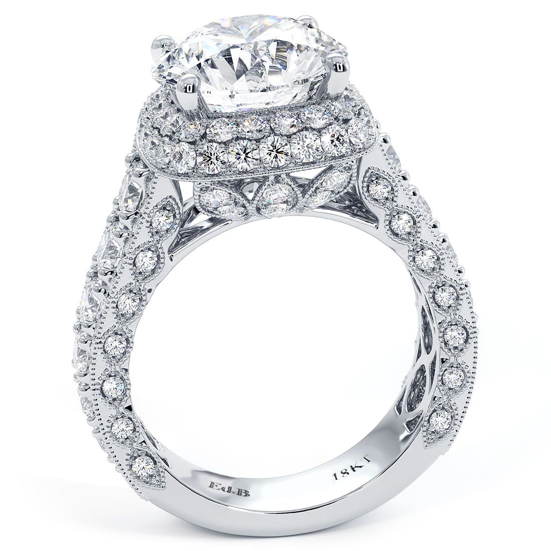 Side profile view of cushion halo diamond engagement ring setting with round center stone, 2.65ctw SI1 clarity G color side stones in 18k white gold, vintage micropavé craftsmanship, available at Global Sky Diamond in NYC’s Diamond District, 44 W 47th St Booth GF-10, globalskydiamond.com