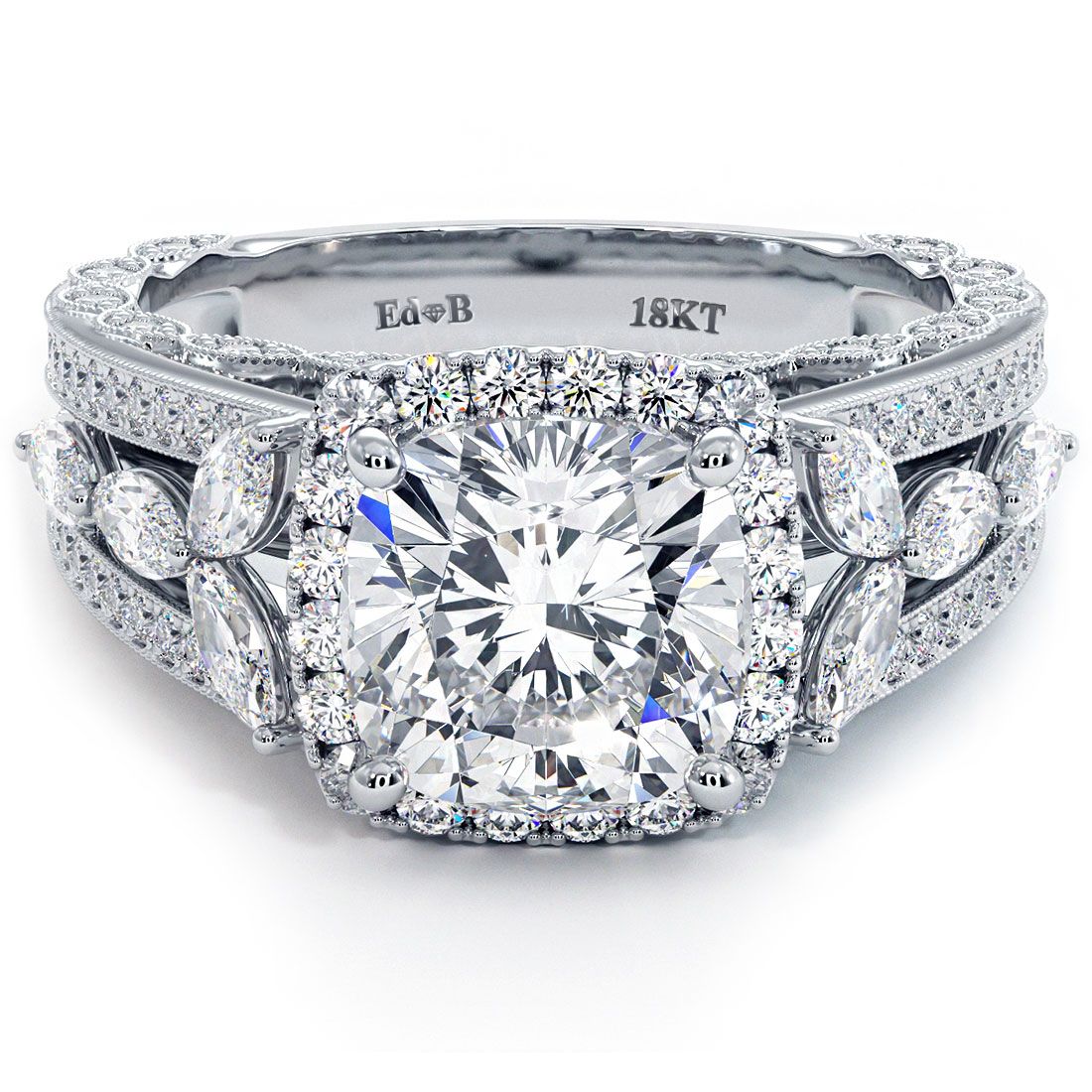 Cushion halo diamond engagement ring setting in 18k white gold with vintage-style graduated micropavé shank, designed for a 3.50ct round center stone, G color SI1 clarity side diamonds (2.65ctw), handcrafted by Mazalito, available at Global Sky Diamonds, 44 W 47th St, Diamond District NYC – www.globalskydiamond.com
