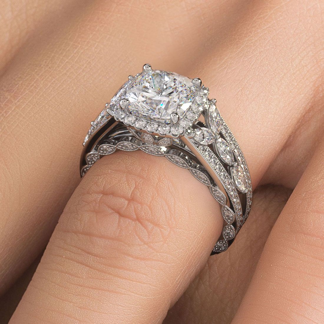 Close-up top view of cushion halo engagement ring in 18k white gold with vintage-style micropavé graduated band, G color SI1 clarity diamonds, 2.65 total carats, made for 3.50ct round center stone – handcrafted by Mazalito, Global Sky Diamonds, Diamond District NYC – globalskydiamond.com