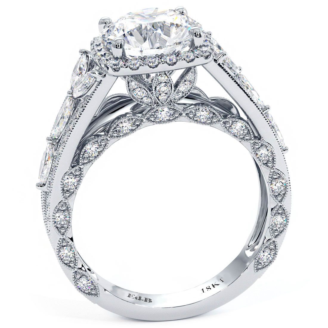 Side profile view of 18k white gold cushion halo vintage diamond ring setting with micropavé graduated shank, made for 3.50 carat round center diamond, featuring G SI1 accent stones totaling 2.65ctw – available at Global Sky Diamonds in NYC Diamond District, www.globalskydiamond.com