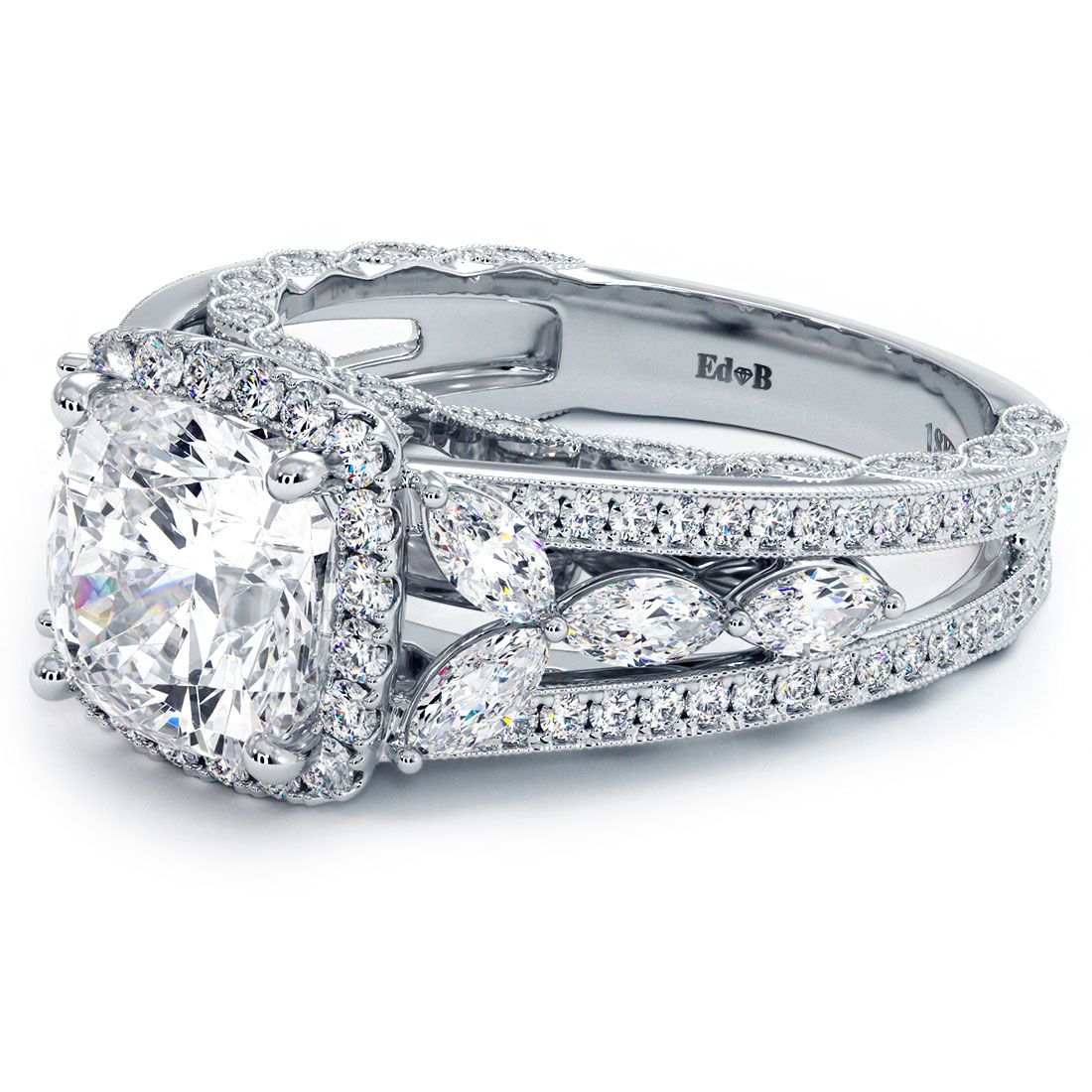 Detailed side angle of cushion halo diamond setting in 18k white gold with vintage-inspired micropavé graduated shank, designed for 3.50ct round diamond, side diamonds G color SI1 clarity, 2.65ctw – exclusive from Mazalito at Global Sky Diamonds, NYC Diamond District – globalskydiamond.com