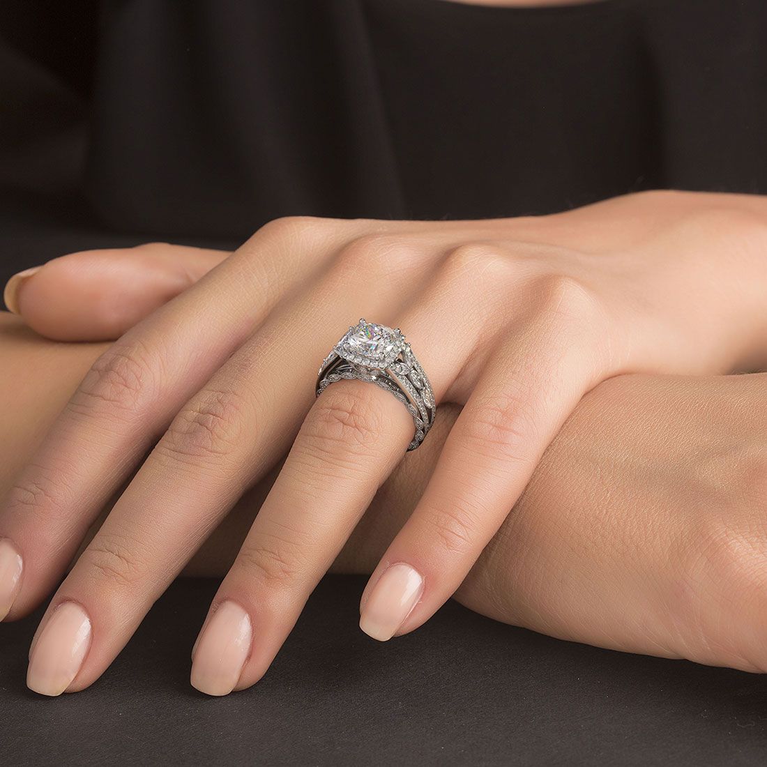 Elegant vintage-style cushion halo engagement ring in 18k white gold, made for 3.50ct round diamond, with 2.65ctw micropavé side stones, G SI1 clarity, featuring graduated shank – luxury bridal ring from Mazalito at Global Sky Diamonds, Diamond District, NYC – www.globalskydiamond.com