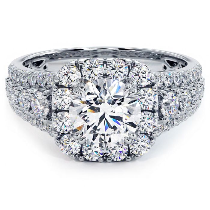 Close-up of cushion halo engagement ring setting with round center placeholder in 18k white gold, vintage style with micropavé graduated shank, G color SI1 side diamonds, available at Global Sky Diamonds in NYC Diamond District – www.GlobalSkyDiamond.com