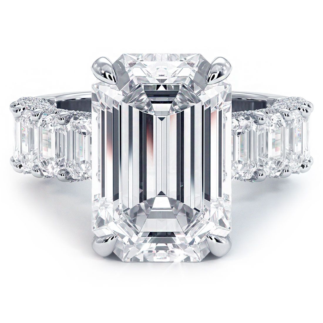 Emerald cut diamond engagement ring setting in 18k white gold with 5.12ctw G color SI1 clarity micropavé diamonds, dramatic head-on view highlighting step-cut facets and premium craftsmanship at Global Sky Diamond, 44 W 47th St Booth GF-10, NYC Diamond District — shop now at globalskydiamond.com.