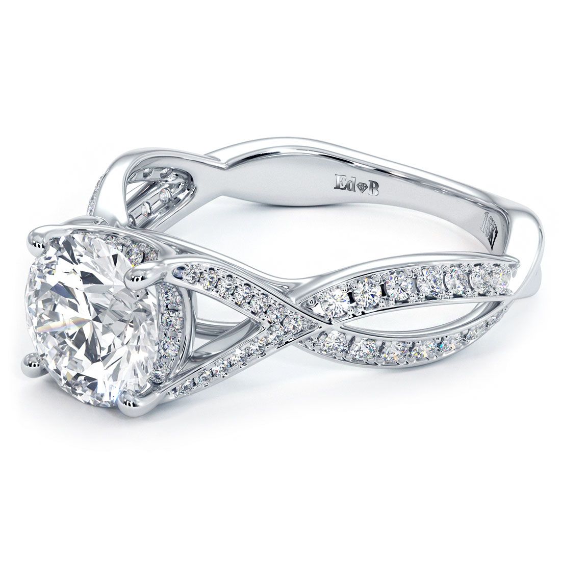 Infinity twist design engagement ring setting in 18k white gold with micropavé diamonds (0.42ctw) — Global Sky Diamonds, NYC’s 44W 47th St GF-10 — globalskydiamond.com