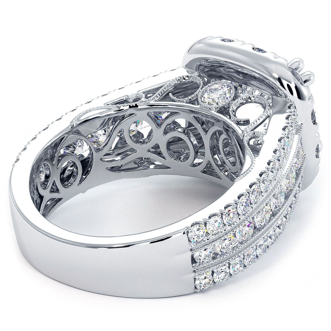 Angled view showcasing craftsmanship of vintage diamond engagement ring setting with cushion halo and detailed undergallery, round center mount (3.0ct size, stone not included), 2.75ctw G/SI1 diamonds, 18k white gold — expertly crafted by Global Sky Diamond in the heart of NYC’s Diamond District at 44 W 47th St Booth GF-10 — order now at globalskydiamond.com.