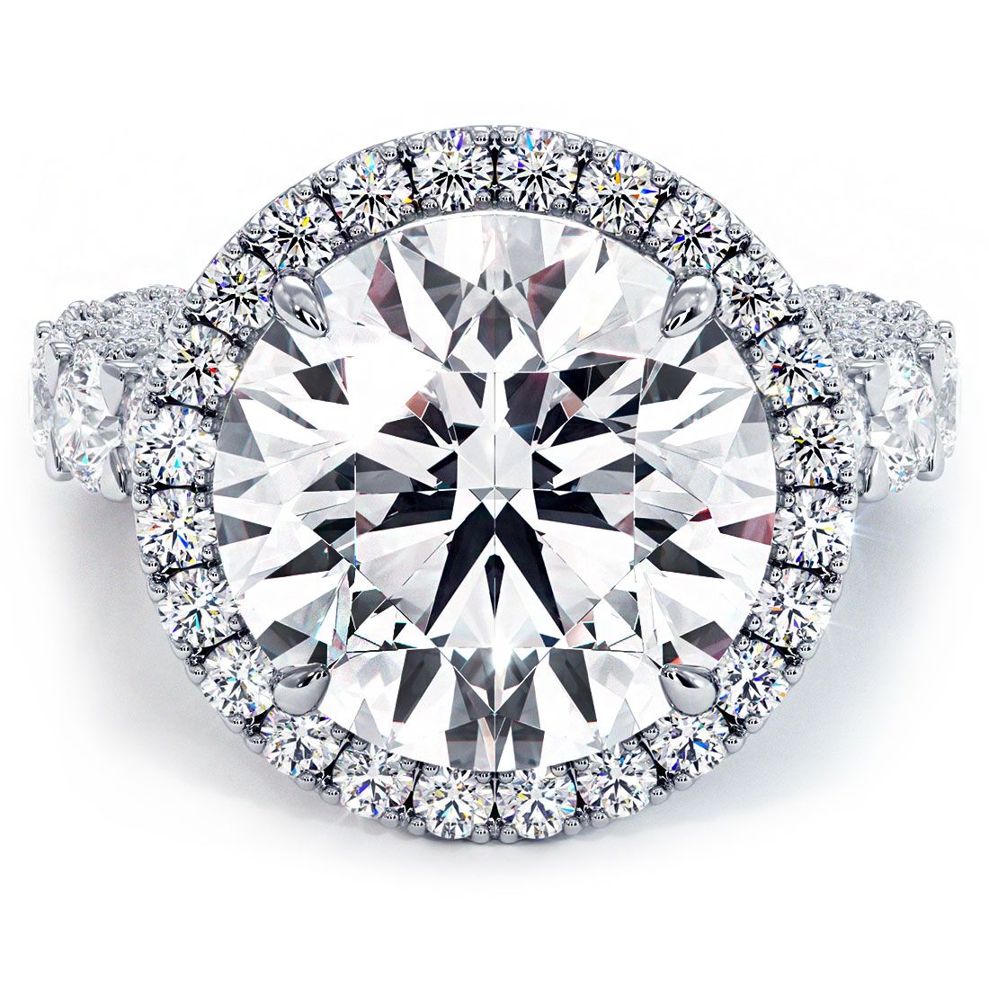 Front view of luxurious round halo diamond engagement ring setting with 3.45 carats of G color SI1 clarity micropavé diamonds and a bold U-shape shank design in high-polish 18k white gold, made to hold a 7.40ct round center stone (not included), masterfully crafted by Global Sky Diamond at 44 W 47th St Booth GF-10 in New York City’s Diamond District — shop this statement bridal ring now at globalskydiamond.com.