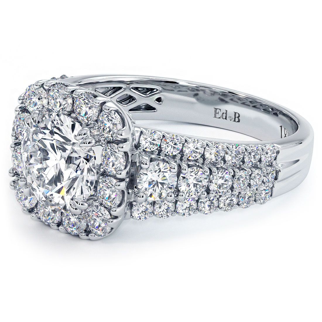 Overhead view of round halo filigree engagement ring setting with 1.05 carats of fine G/SI1 side diamonds, ornate vintage-style milgrain accents, and a classic white gold band, made to hold a 2.0ct round center stone (not included), designed by Global Sky Diamond at 44 W 47th St Booth GF-10 in the Diamond District of New York — view vintage diamond rings at globalskydiamond.com