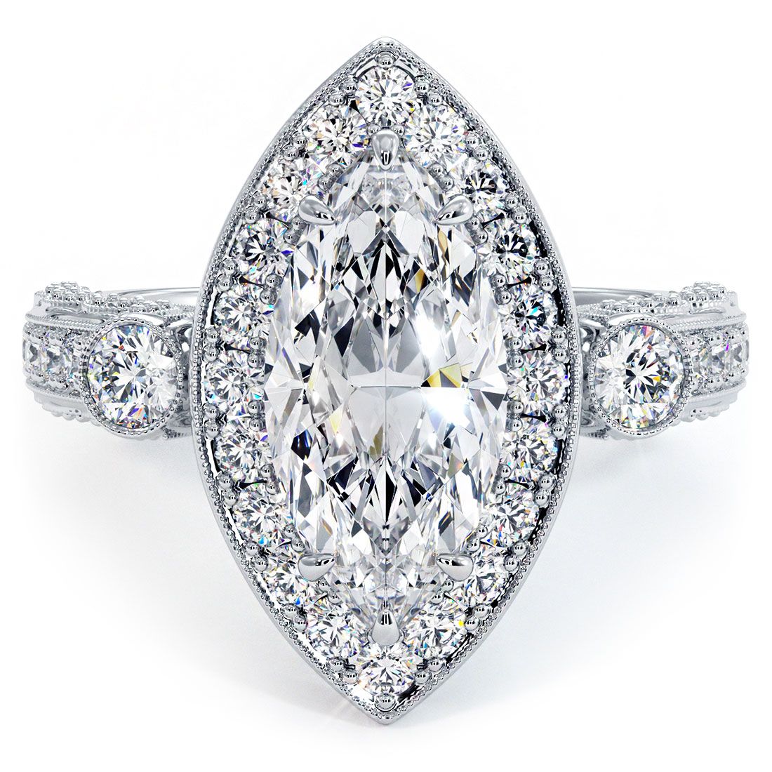 Marquise halo vintage diamond engagement ring setting in 18k white gold with 1.40 carats of natural G color SI1 clarity round diamonds, antique milgrain filigree detailing, micropavé side stones, handcrafted by Global Sky Diamonds in NYC Diamond District – setting shown without center stone, perfect for marquise, round, or oval diamond, available at globalskydiamond.com