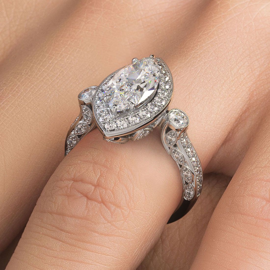Marquise halo vintage diamond engagement ring setting in 18k white gold with 1.40 carats of natural G color SI1 clarity round diamonds, antique milgrain filigree detailing, micropavé side stones, handcrafted by Global Sky Diamonds in NYC Diamond District – setting shown without center stone, perfect for marquise, round, or oval diamond, available at globalskydiamond.com