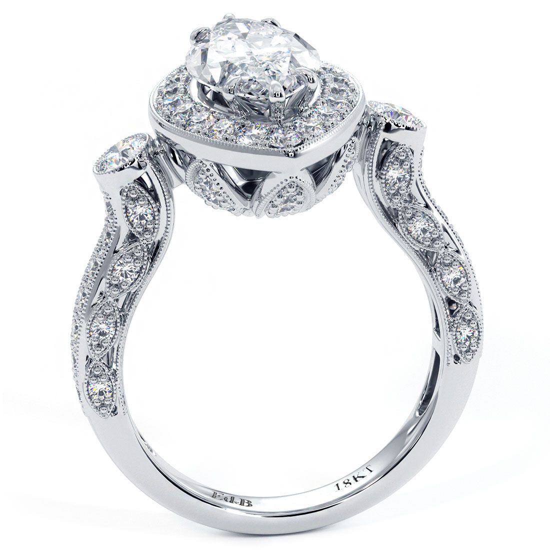 Marquise halo vintage diamond engagement ring setting in 18k white gold with 1.40 carats of natural G color SI1 clarity round diamonds, antique milgrain filigree detailing, micropavé side stones, handcrafted by Global Sky Diamonds in NYC Diamond District – setting shown without center stone, perfect for marquise, round, or oval diamond, available at globalskydiamond.com
