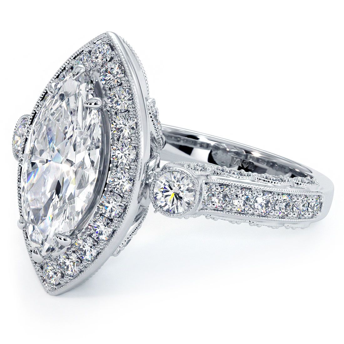 Marquise halo vintage diamond engagement ring setting in 18k white gold with 1.40 carats of natural G color SI1 clarity round diamonds, antique milgrain filigree detailing, micropavé side stones, handcrafted by Global Sky Diamonds in NYC Diamond District – setting shown without center stone, perfect for marquise, round, or oval diamond, available at globalskydiamond.com