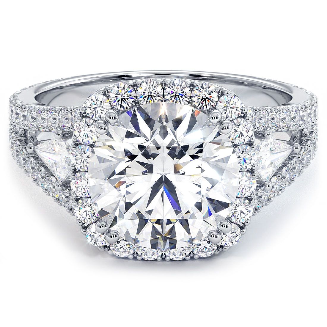 Cushion halo diamond engagement ring with round center stone in luxurious 18k white gold, featuring micropavé diamonds and a split shank design, photographed close-up to highlight the 1.40ctw side stones (G color, SI1 clarity) — available at Global Sky Diamond in NYC’s Diamond District, 44W 47th St Booth GF-10, shop now at globalskydiamond.com, follow @globalskydiamonds on Instagram and @global.sky.diamonds on TikTok.