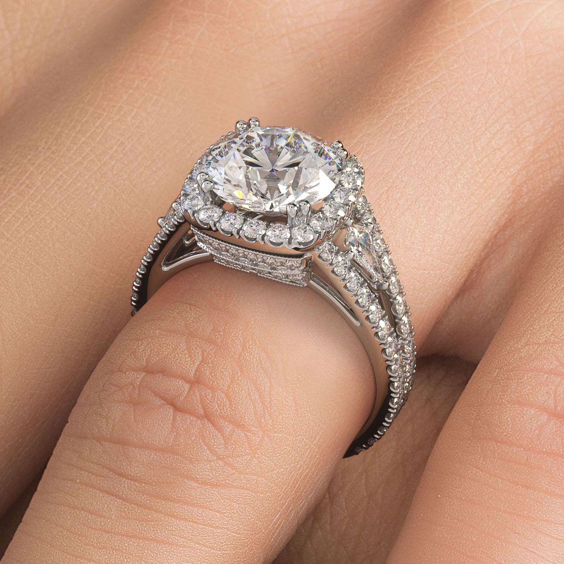 Elegant cushion halo round center diamond ring setting with 1.40 carats of micropavé diamonds and split shank craftsmanship in polished 18k white gold, worn on finger to show luxury bridal styling — sold by Global Sky Diamond, NYC Diamond District, 44 W 47th St Booth GF-10 — explore at globalskydiamond.com, Instagram @globalskydiamonds, TikTok @global.sky.diamonds