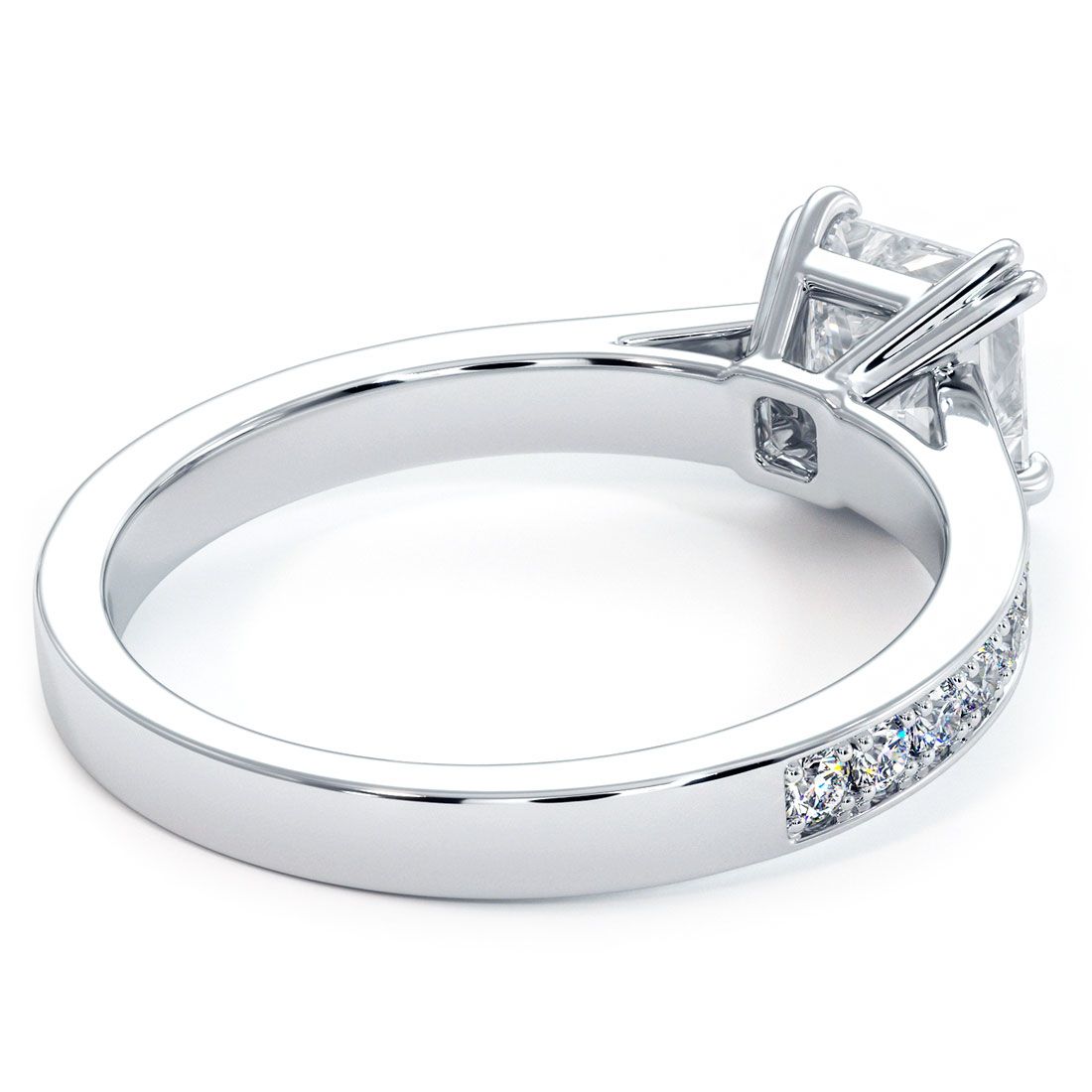 Princess Cut Diamond Cathedral Engagement Ring Setting with micropavé shank in 18k White Gold, 0.35ctw – crafted by Global Sky Diamonds in NYC’s Diamond District – timeless luxury style – globalskydiamond.com