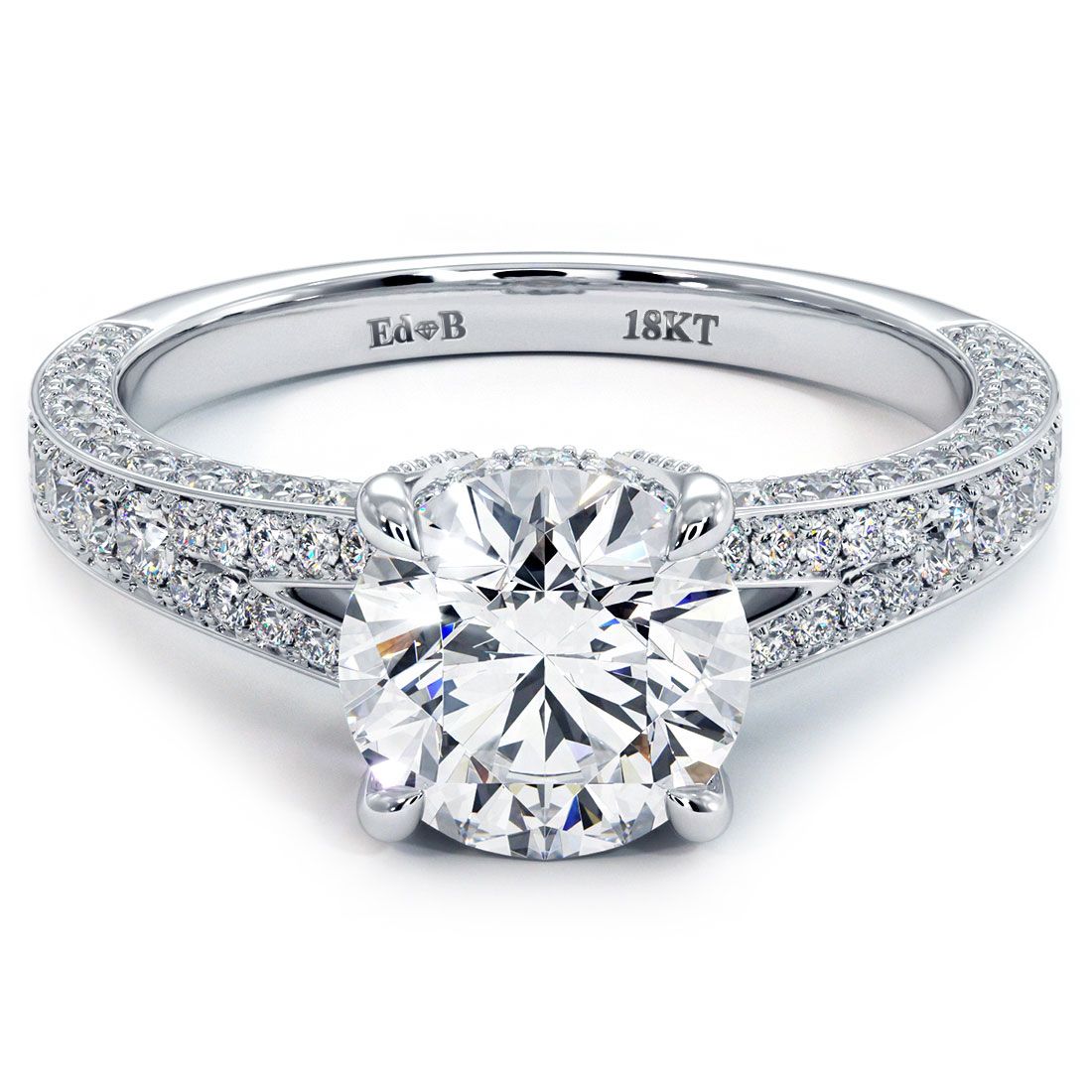 Round brilliant micropavé split shank diamond engagement ring in 18k white gold 0.92ctw by Global Sky Diamonds, globalskydiamond.com, Diamond District NYC 44W 47th St Booth GF-10