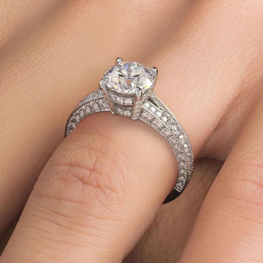 Close-up view of round split shank micropavé diamond ring setting 0.92ctw in 18k white gold by Global Sky Diamonds, globalskydiamond.com, NYC Diamond District