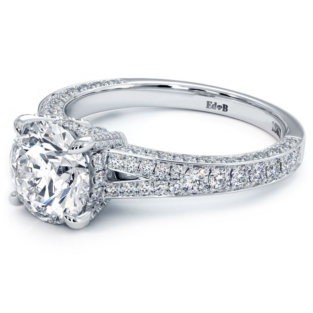 Angled image of 1.50ct round center stone-ready split shank engagement ring 0.92ctw micropavé in 18k white gold, Global Sky Diamonds NYC, globalskydiamond.com