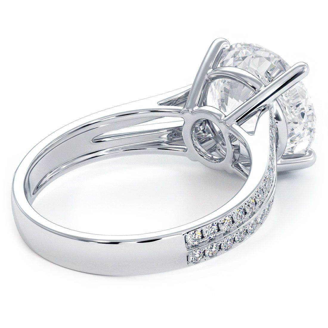 Underside view of round basket engagement ring setting in 18k white gold, with delicate 0.45ctw micropavé diamonds on a split shank, exclusive design by Global Sky Diamonds, located in NYC at 44W 47th St Booth GF-10 — visit globalskydiamond.com