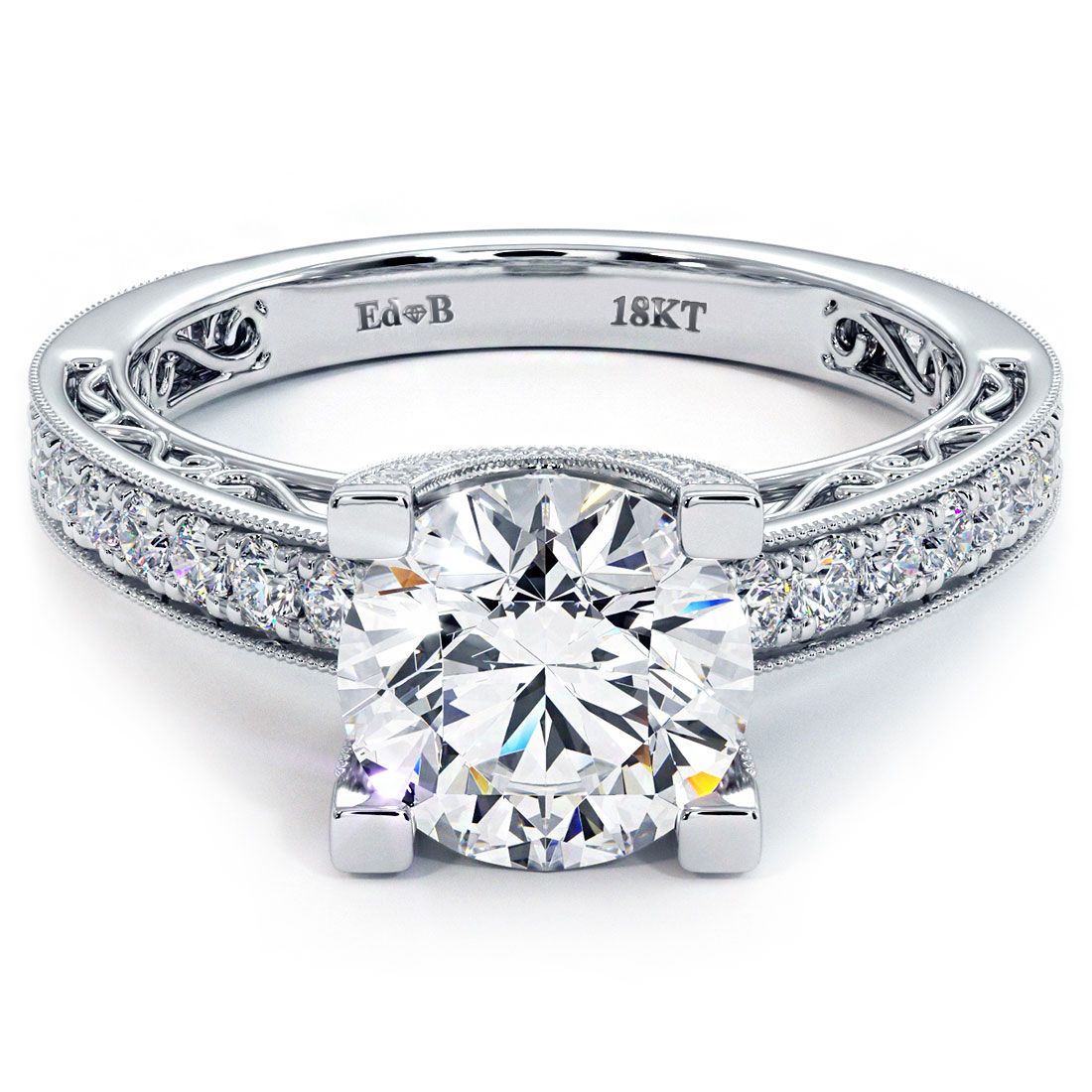 18k white gold vintage style diamond engagement ring with round head and filigree U-shaped prongs, 0.63ctw pavé band, handcrafted at Global Sky Diamonds, Diamond District NYC - globalskydiamond.com