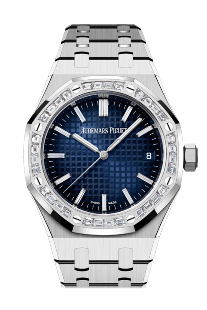 Audemars Piguet Royal Oak 34 Blue Diamond Baguette Dial White Gold Diamond Set Bezel Watch 77451BC.ZZ.1261BC.01