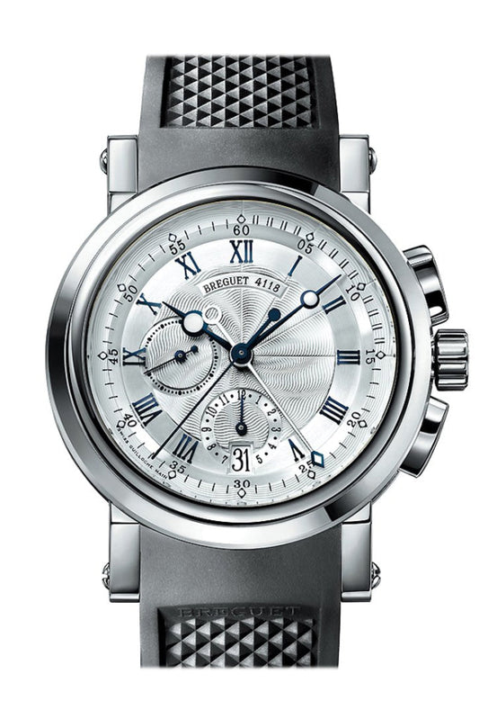 Breguet Marine Silver Dial Black Rubber 18kt White Gold Men's Watch 5827BB125ZU