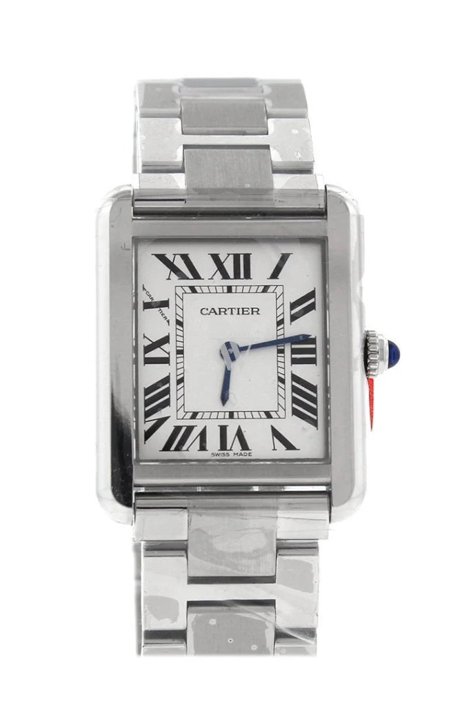Cartier Tank Solo Small W5200013 stainless steel watch with silver opaline dial, blue sword-shaped hands, and Roman numeral hour markers – available at globalskydiamond.com, Global Sky Diamonds NYC Diamond District.