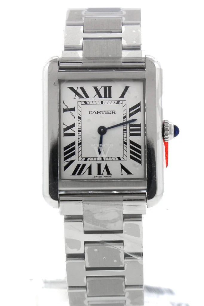 Cartier Tank Solo Small W5200013 stainless steel watch with silver opaline dial, blue sword-shaped hands, and Roman numeral hour markers – available at globalskydiamond.com, Global Sky Diamonds NYC Diamond District.
