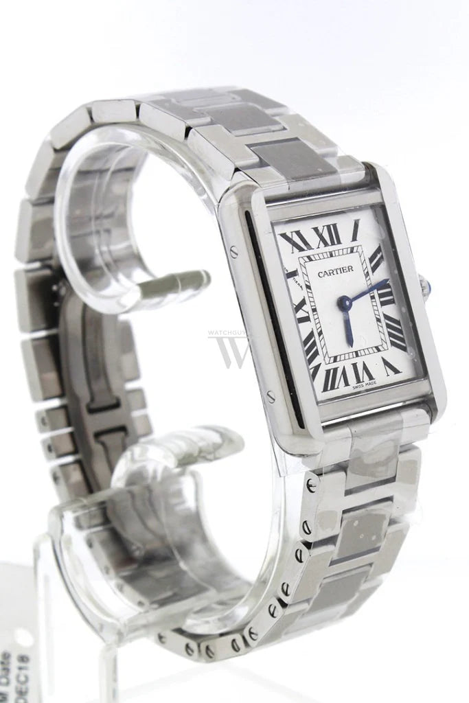 Cartier Tank Solo Small W5200013 stainless steel watch with silver opaline dial, blue sword-shaped hands, and Roman numeral hour markers – available at globalskydiamond.com, Global Sky Diamonds NYC Diamond District.