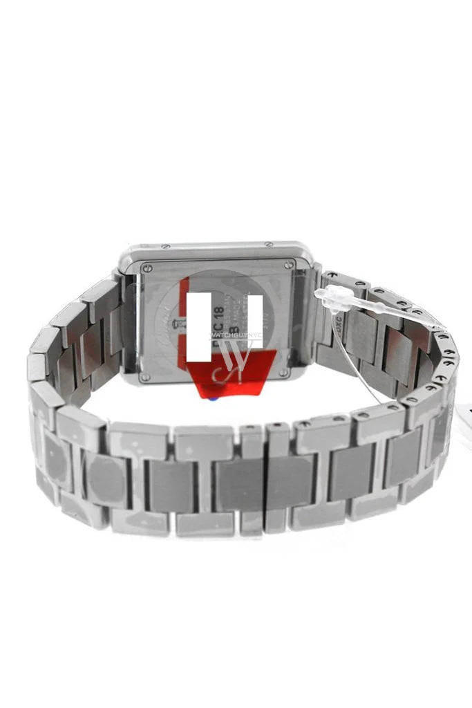 Cartier Tank Solo Small W5200013 stainless steel watch with silver opaline dial, blue sword-shaped hands, and Roman numeral hour markers – available at globalskydiamond.com, Global Sky Diamonds NYC Diamond District.