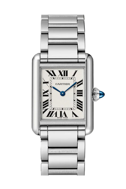 Cartier Tank Must WSTA0051 small silver dial quartz watch with stainless steel case and bracelet, blued-steel sword hands, and cabochon crown – available at globalskydiamond.com, Global Sky Diamonds in NYC Diamond District.