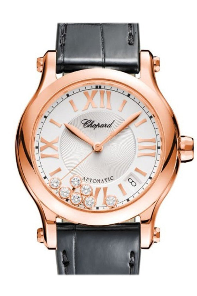 Chopard Happy Sport 36mm Silver Guilloche Dial 18k Rose Gold and Diamonds Ladies Watch 274808-5001