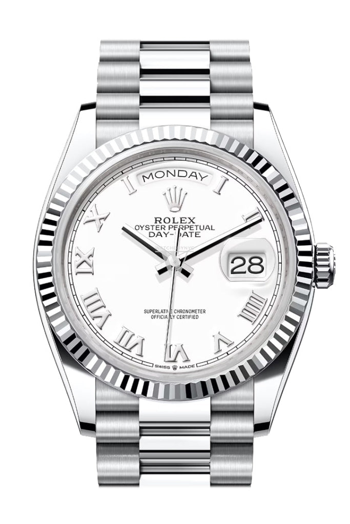 Rolex Day-Date 36 White Dial Fluted Bezel Platinum President Watch 128236 DC