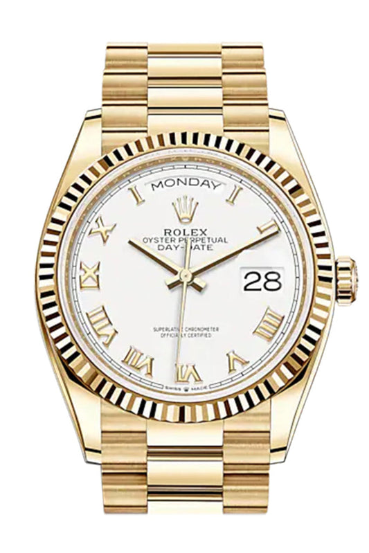 ROLEX Day-Date 36 White Roman Dial 18K Yellow Gold Watch 128238 DC