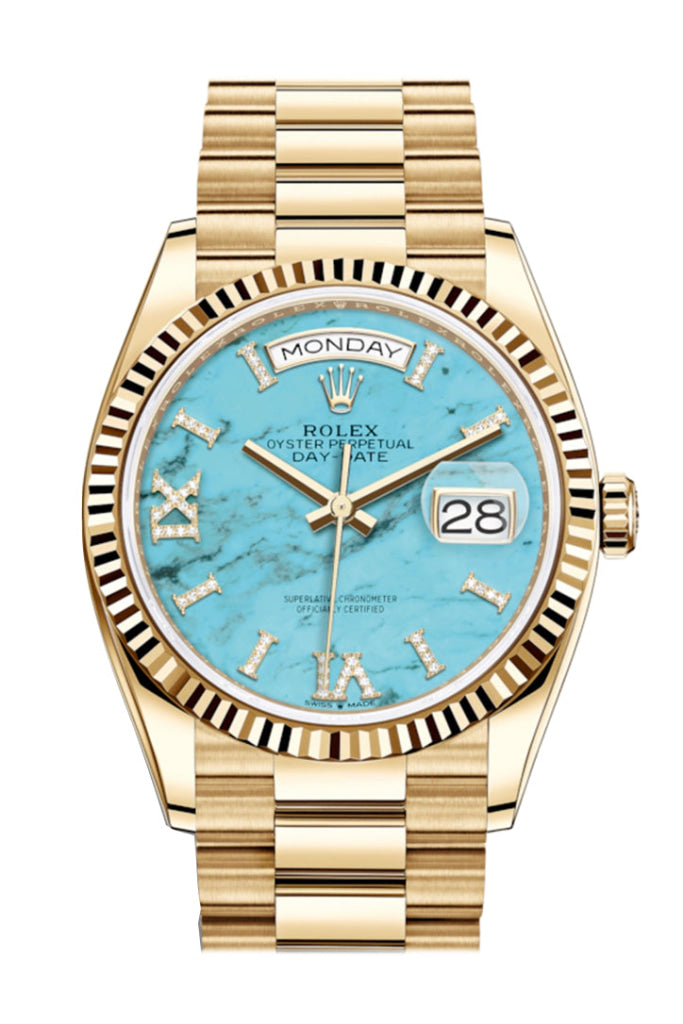 ROLEX Day-Date 36 Turquoise Dial 18K Yellow Gold Watch 128238