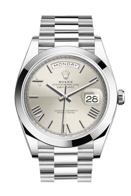 Rolex Day-Date 40 Silver Quadrant Motif Roman Dial Dome Bezel Platinum President Automatic Men's Watch 228206 DC