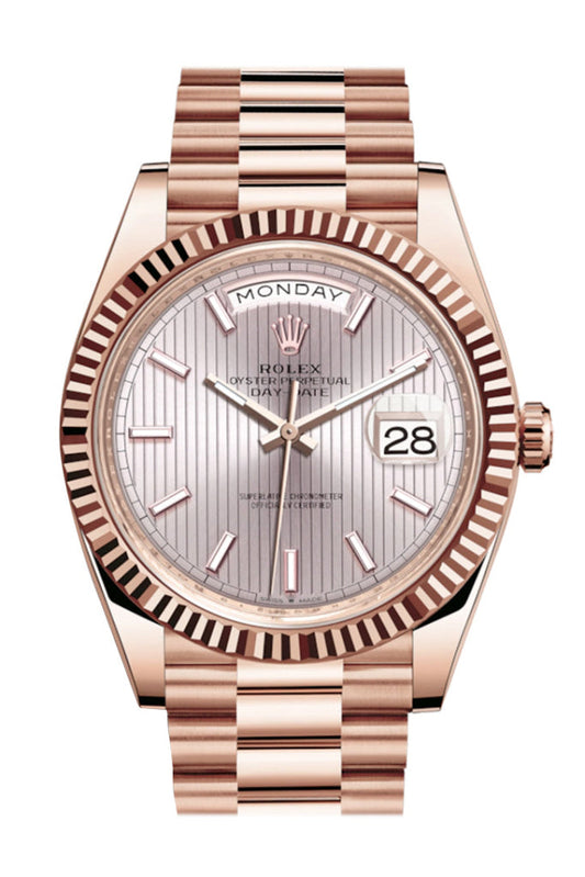 Rolex Day-Date 40 Sundust Stripe Motif Dial Fluted Bezel 18K Everose gold President Automatic Men's Watch 228235 DC