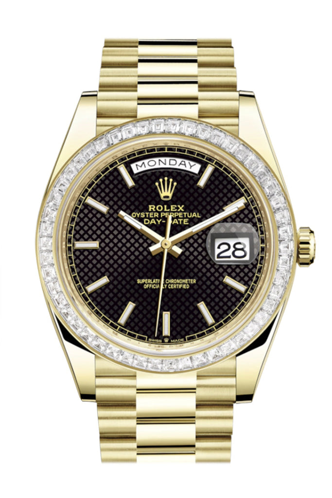 Rolex Day-Date 40 Black Motif Dial 40 Baguette Diamond Bezel 18K Yellow Gold President Automatic Men's Watch 228398TBR 228398