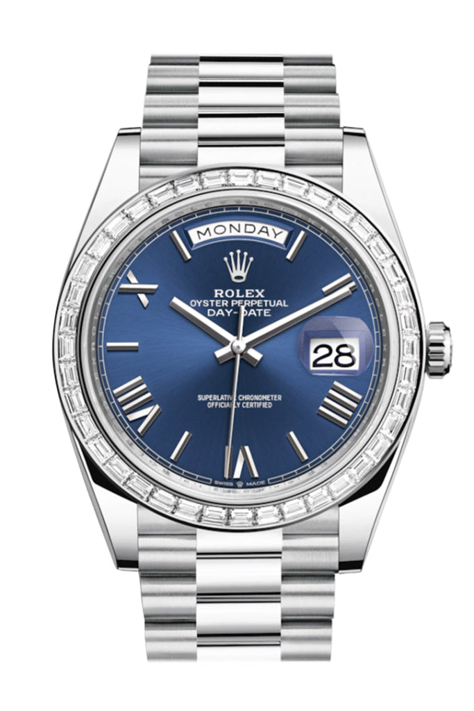 Rolex Day-Date 40 Blue Roman Dial 40 Baguette Diamond Bezel Platinum President Automatic Men's Watch 228396TBR 228396