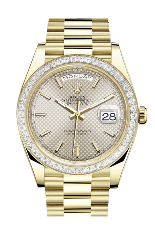 Rolex Day-Date 40 Silver Motif Dial 40 Baguette Diamond Bezel 18K Yellow Gold President Automatic Men's Watch 228398TBR  228398