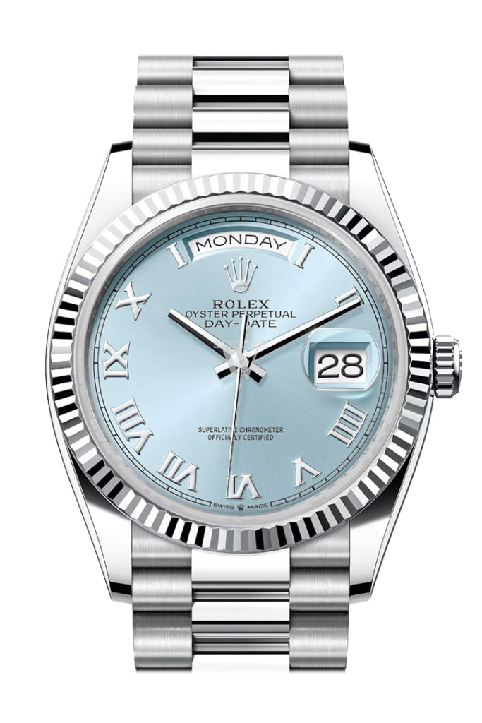 Rolex Day-Date 36 Ice Blue Roman Dial Fluted Bezel Platinum President Watch 128236 DC