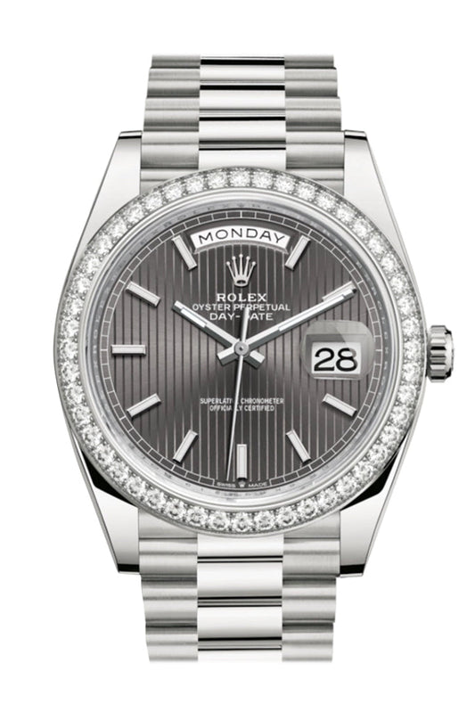 Rolex Day-Date 40 Dark Rhodium Stripe Motif Dial Diamond Bezel White Gold President Automatic Men's Watch 228349RBR DC