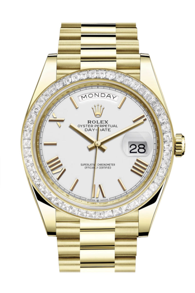 Rolex Day-Date 40 White Roman Dial 40 Baguette Diamond Bezel 18K Yellow Gold President Automatic Men's Watch 228398TBR  228398