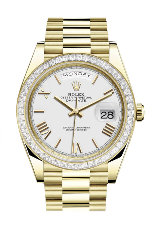 Rolex Day-Date 40 White Roman Dial 40 Baguette Diamond Bezel 18K Yellow Gold President Automatic Men's Watch 228398TBR  228398